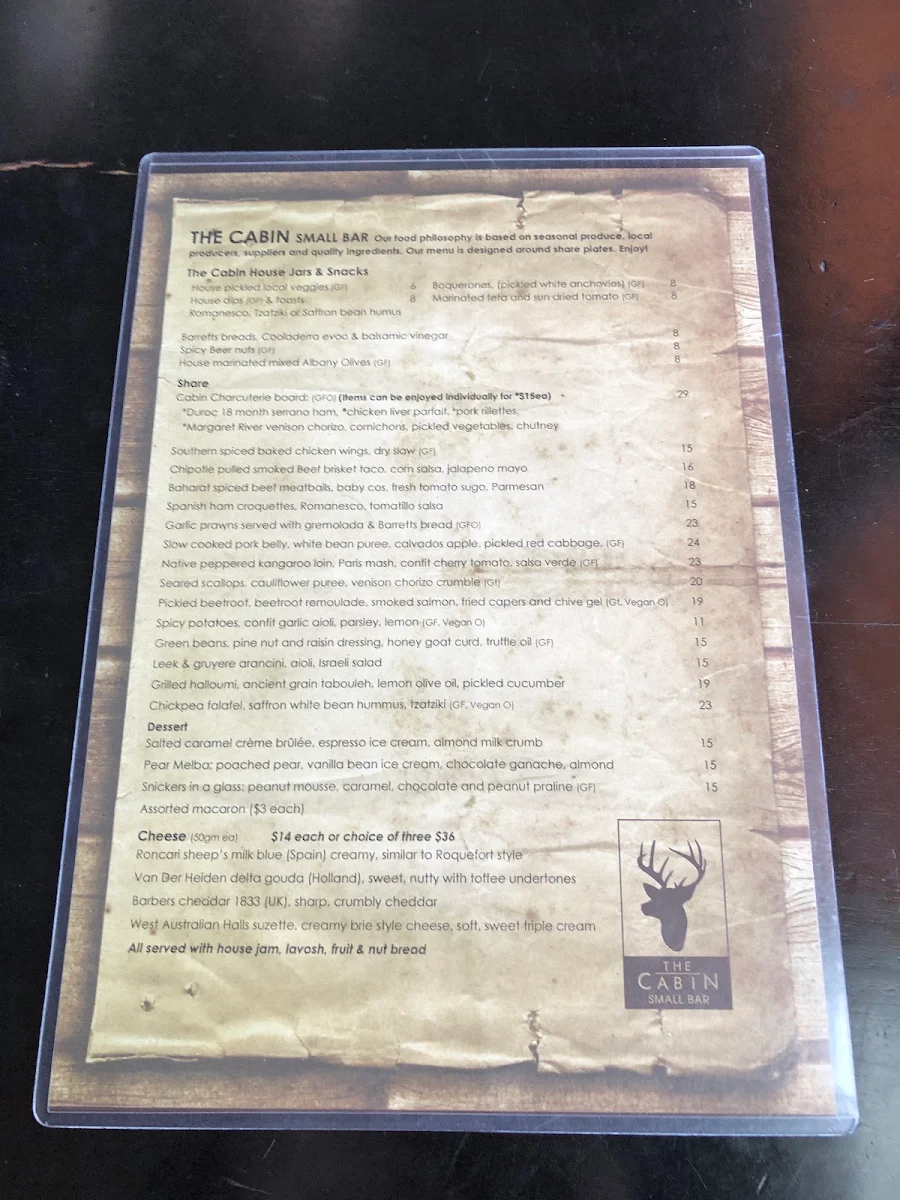Menu, The Cabin Small Bar
