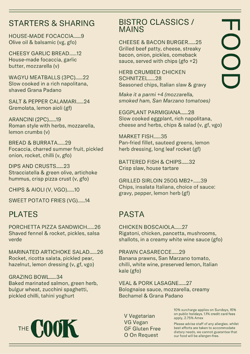 Menu, Captain Cook Hotel Paddington