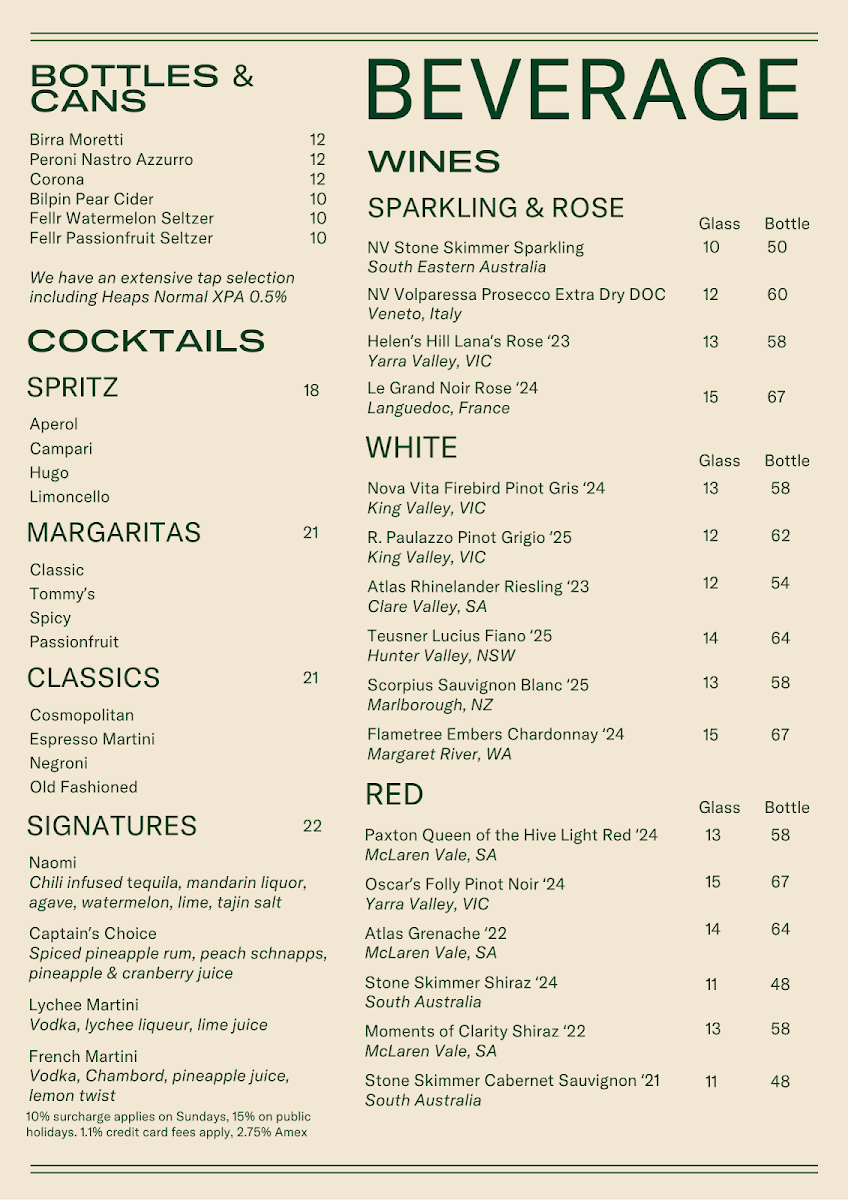 Menu, Captain Cook Hotel Paddington
