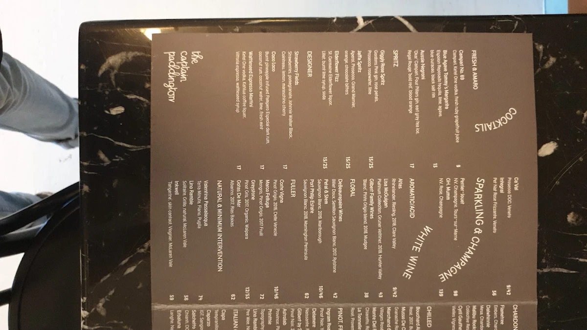 Menu, Captain Cook Hotel Paddington