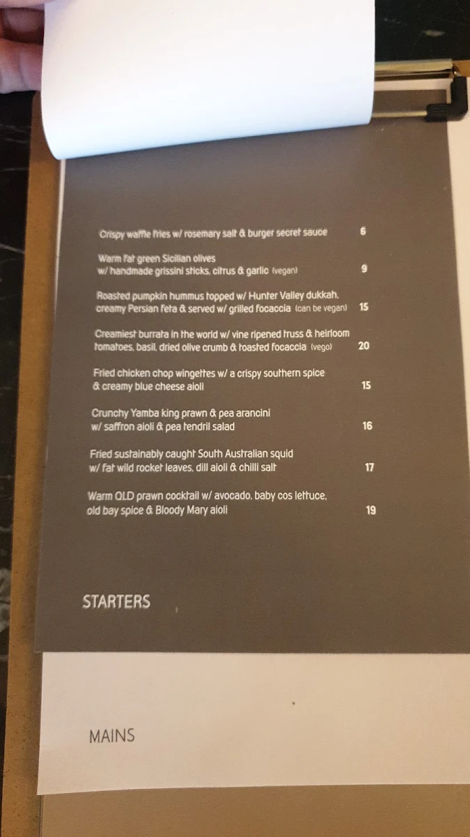 Menu, Captain Cook Hotel Paddington
