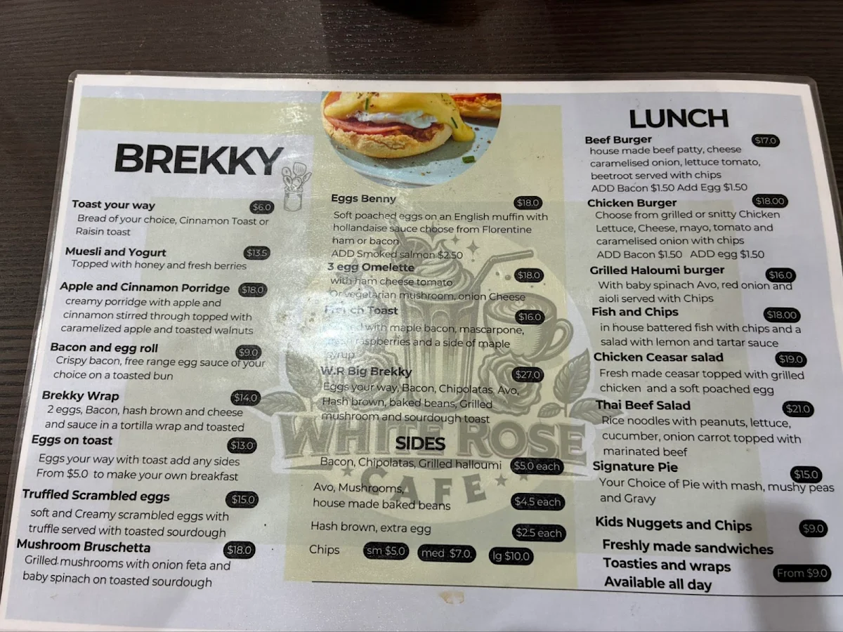 Menu, White Rose Cafe Dunedoo
