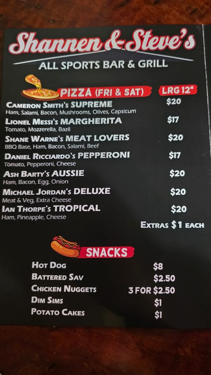 Menu, Shannen & Steve's All Sports Bar & Grill