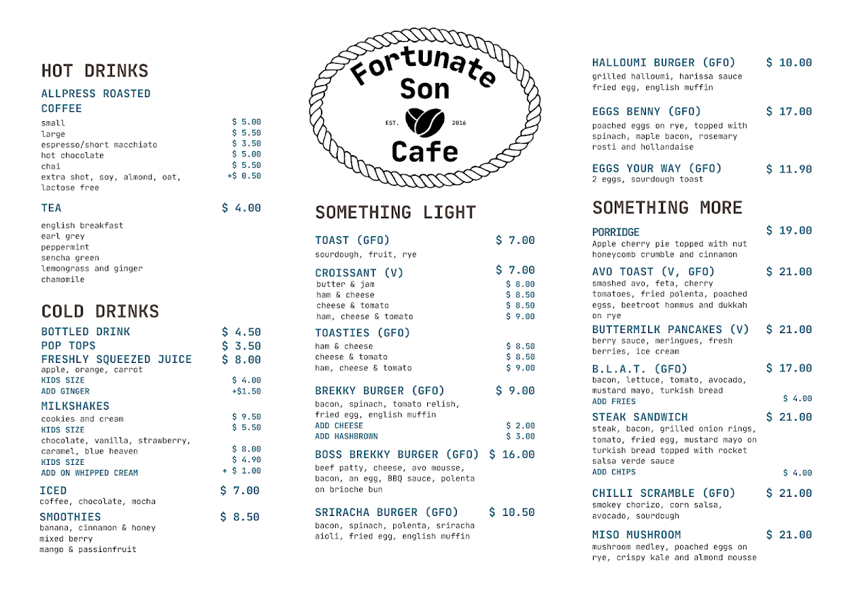 Menu, Fortunate Son Cafe