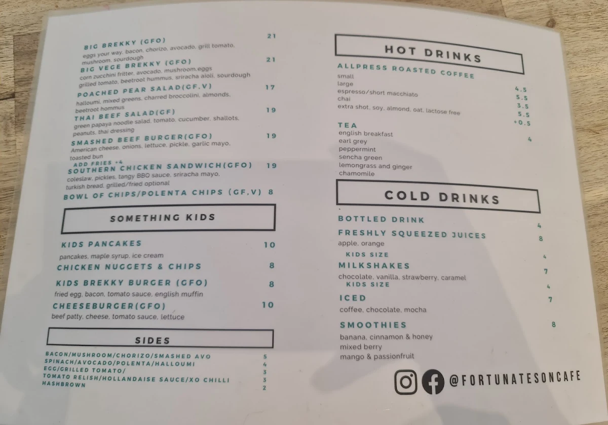 Menu, Fortunate Son Cafe