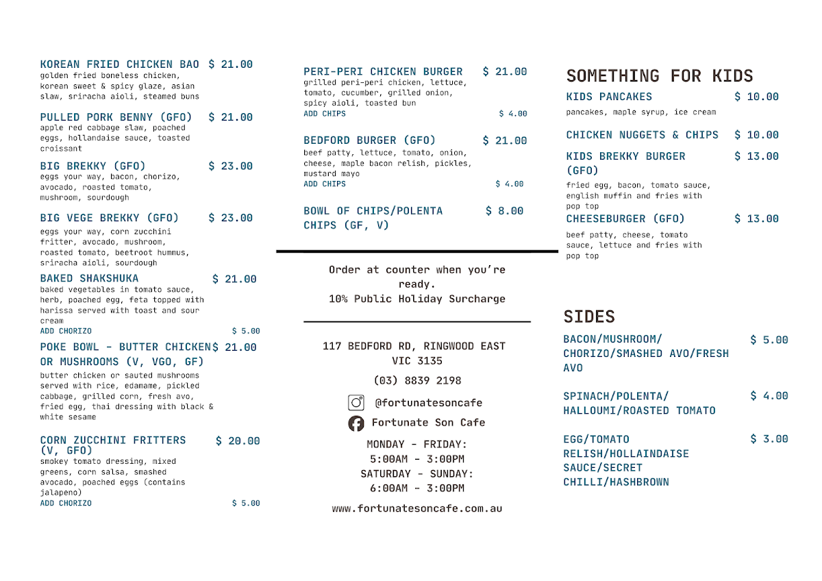 Menu, Fortunate Son Cafe