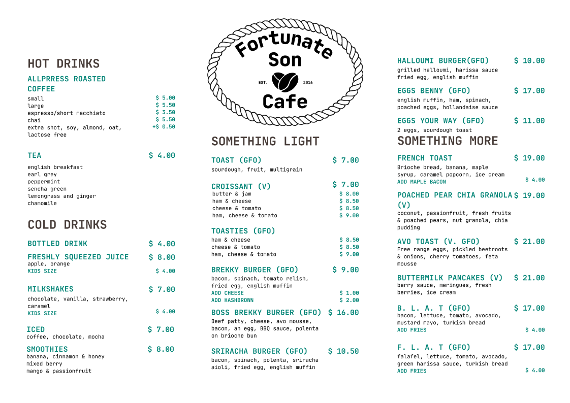 Menu, Fortunate Son Cafe