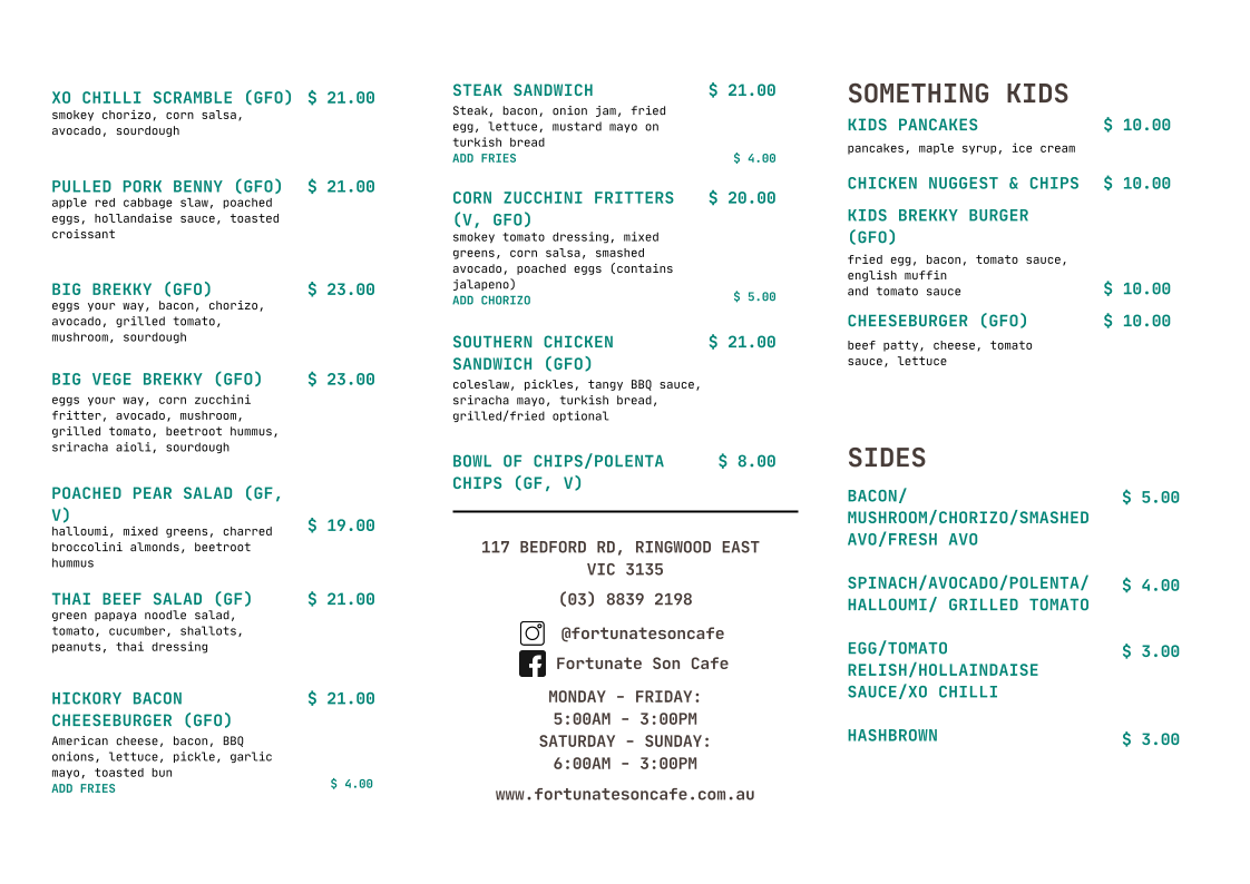 Menu, Fortunate Son Cafe
