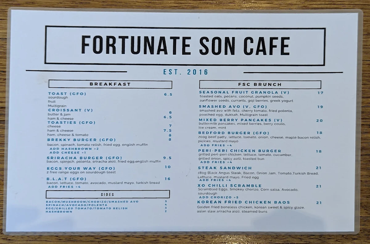 Menu, Fortunate Son Cafe