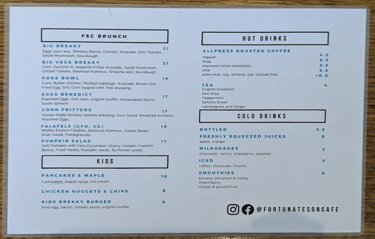 Menu, Fortunate Son Cafe