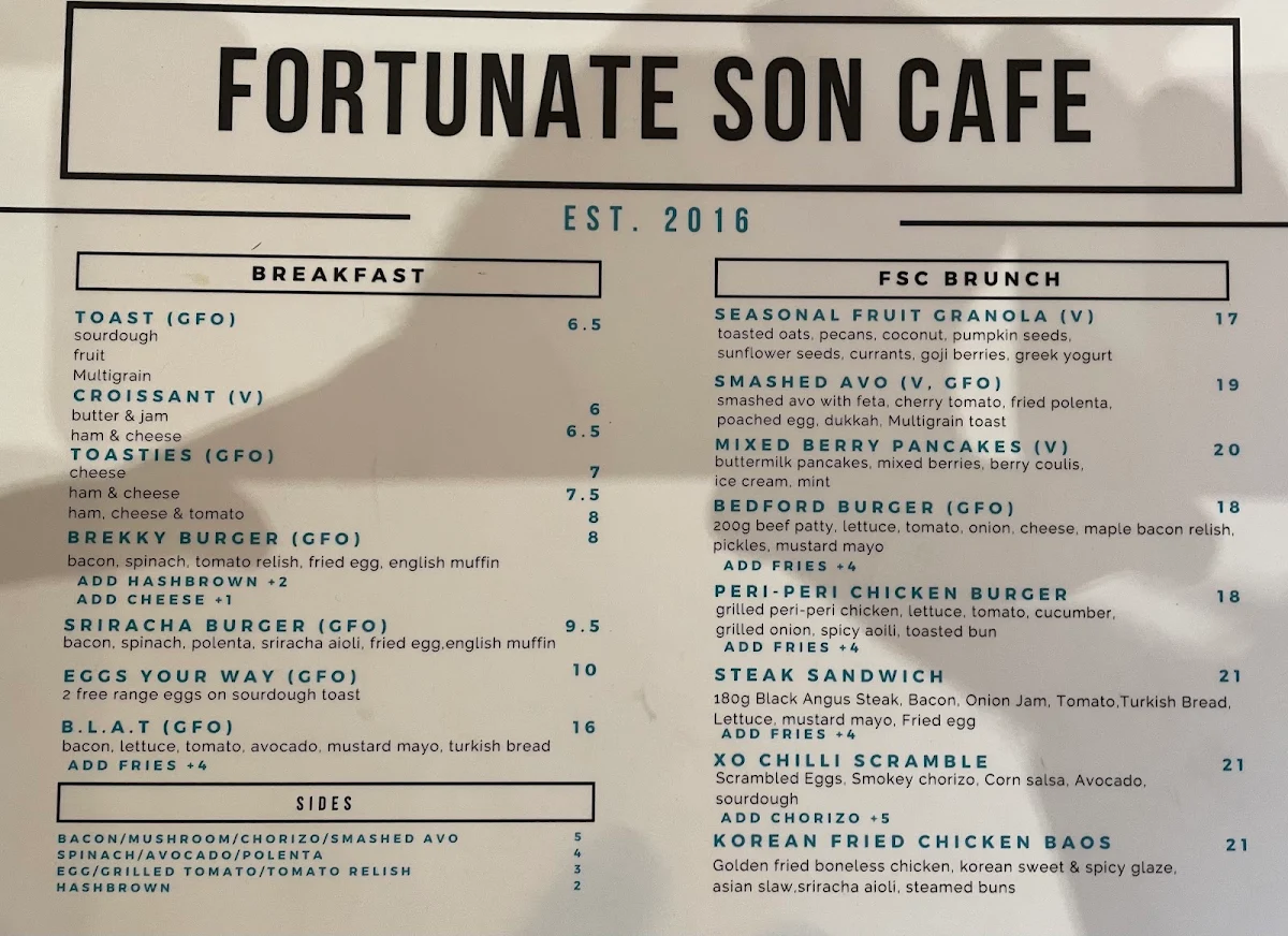 Menu, Fortunate Son Cafe