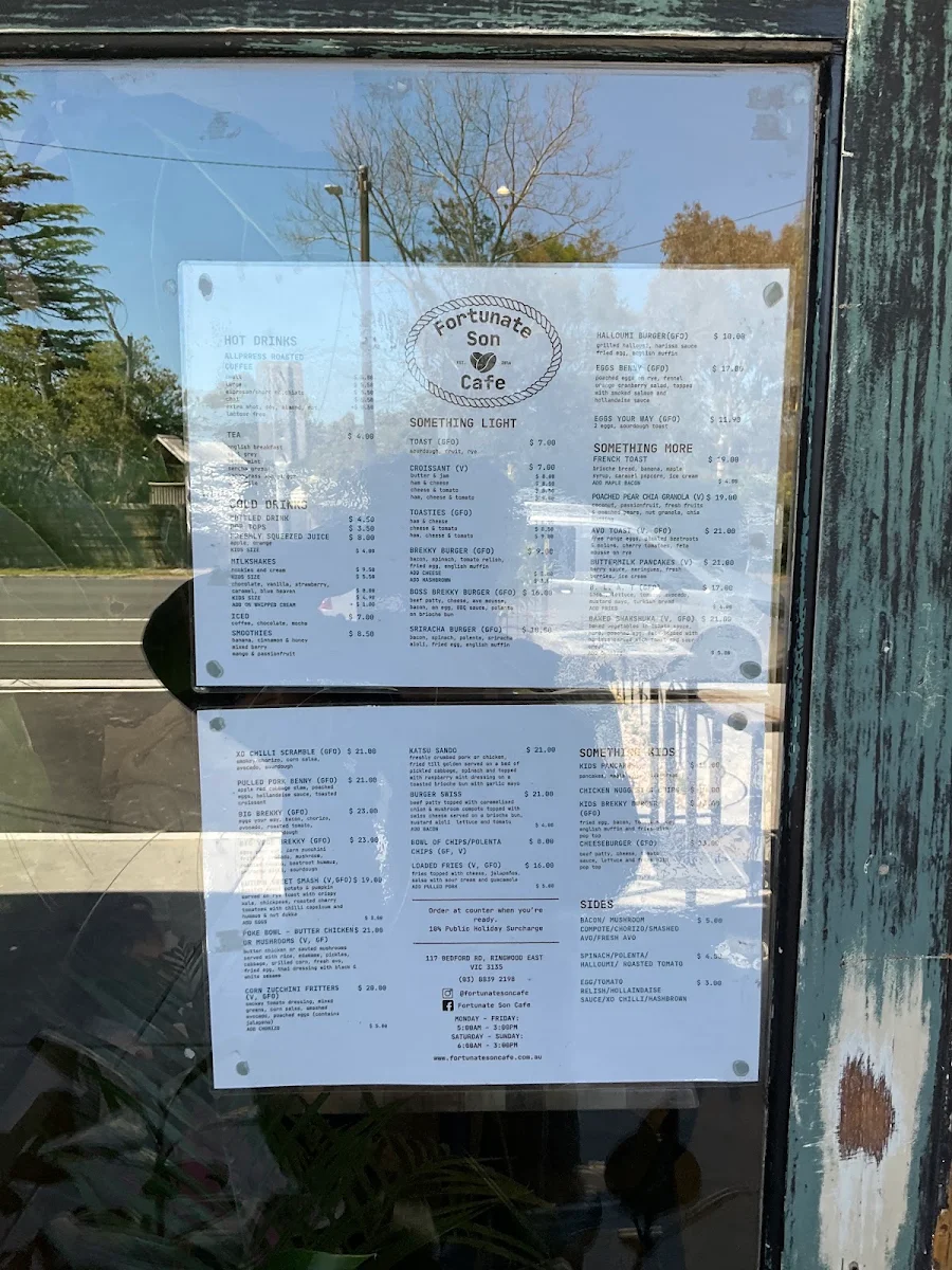 Menu, Fortunate Son Cafe