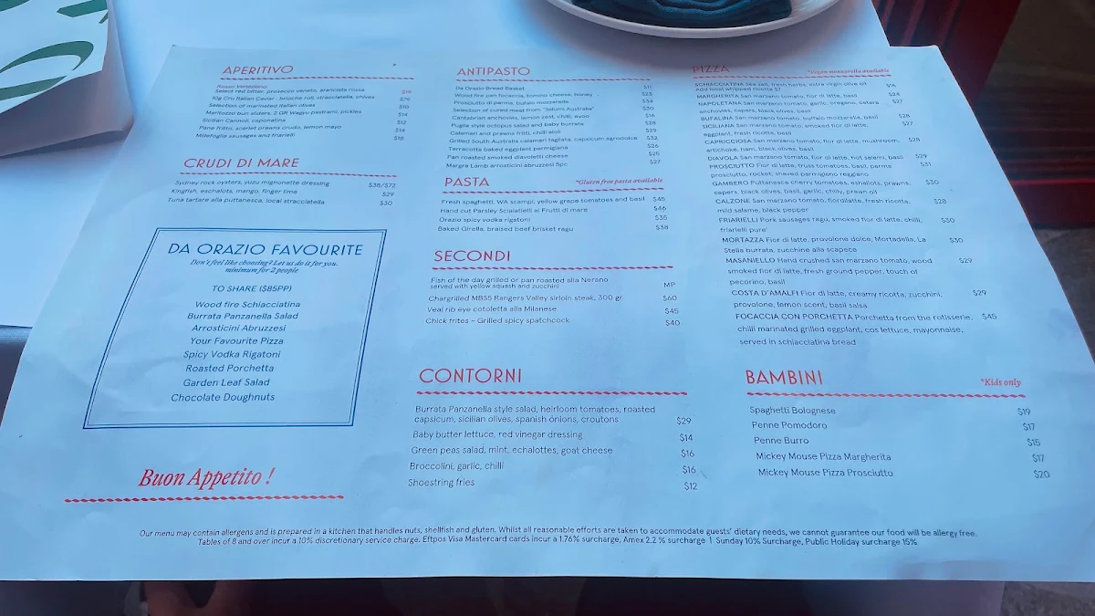 Menu, Da Orazio