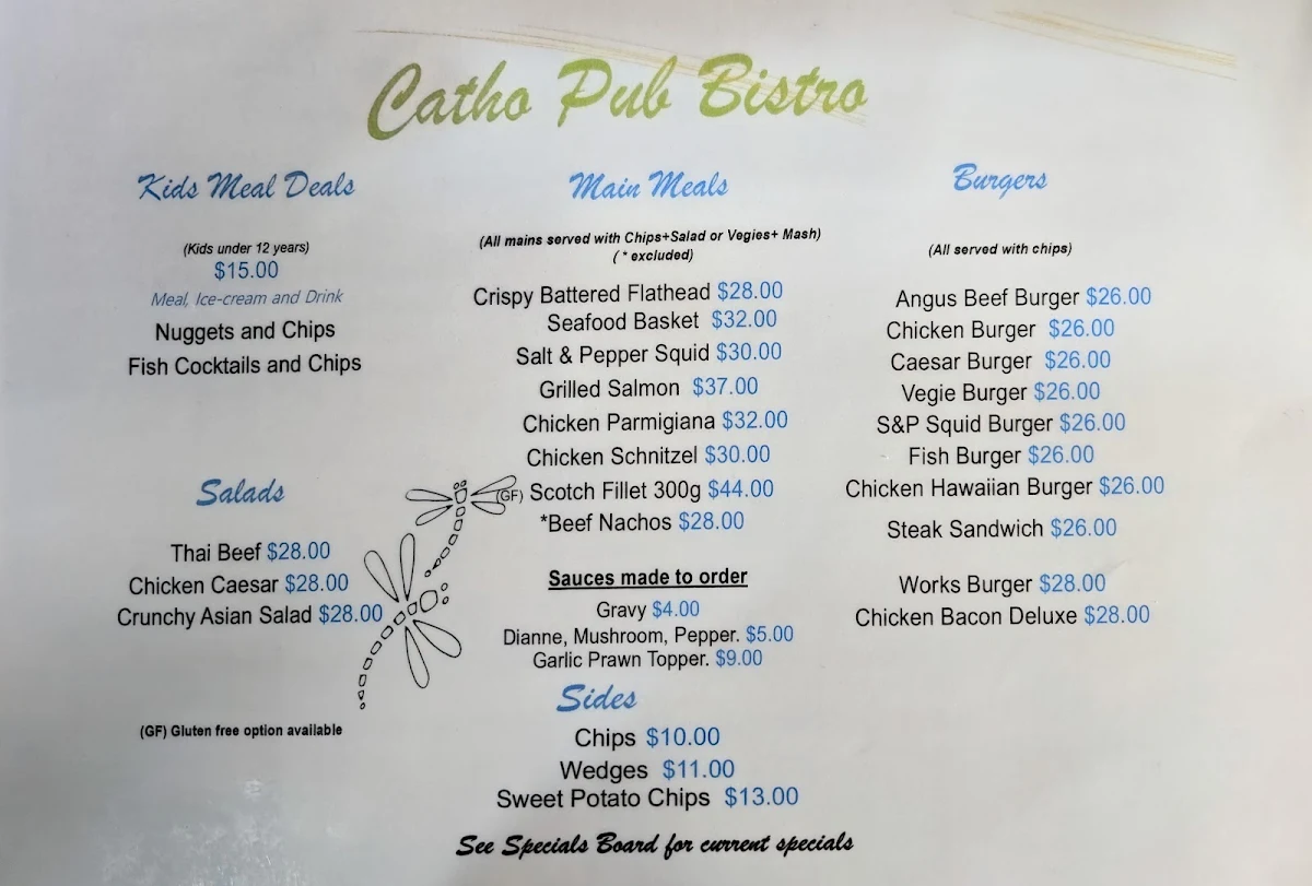 Menu, Catho Pub ("Catherine Hill Bay Hotel")