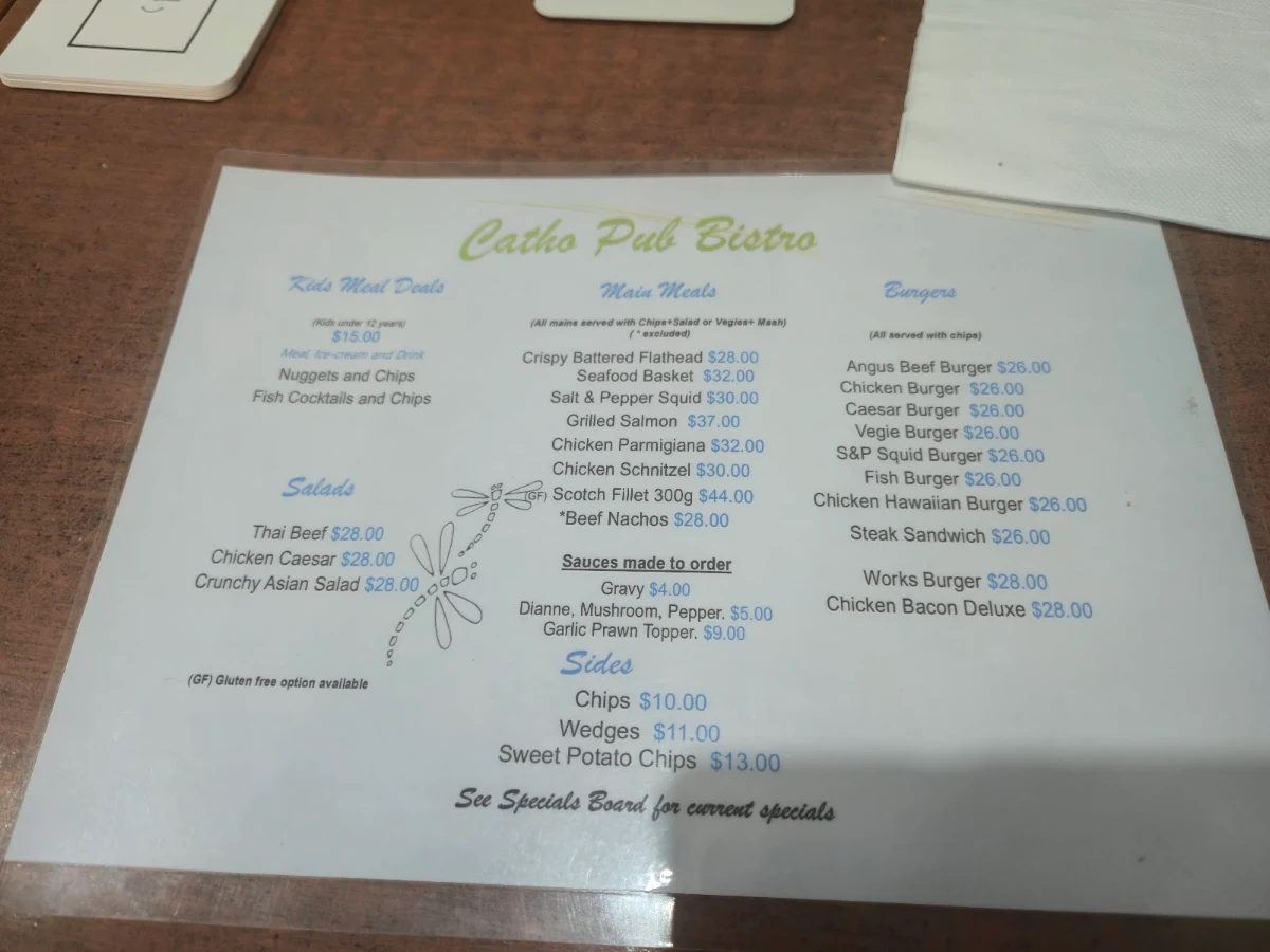 Menu, Catho Pub ("Catherine Hill Bay Hotel")