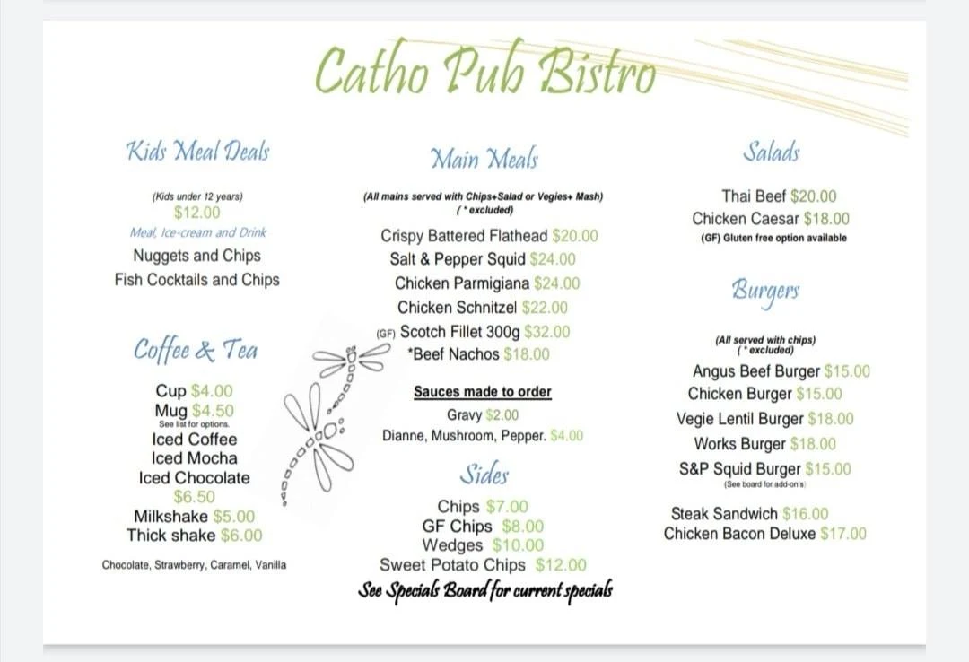 Menu, Catho Pub ("Catherine Hill Bay Hotel")
