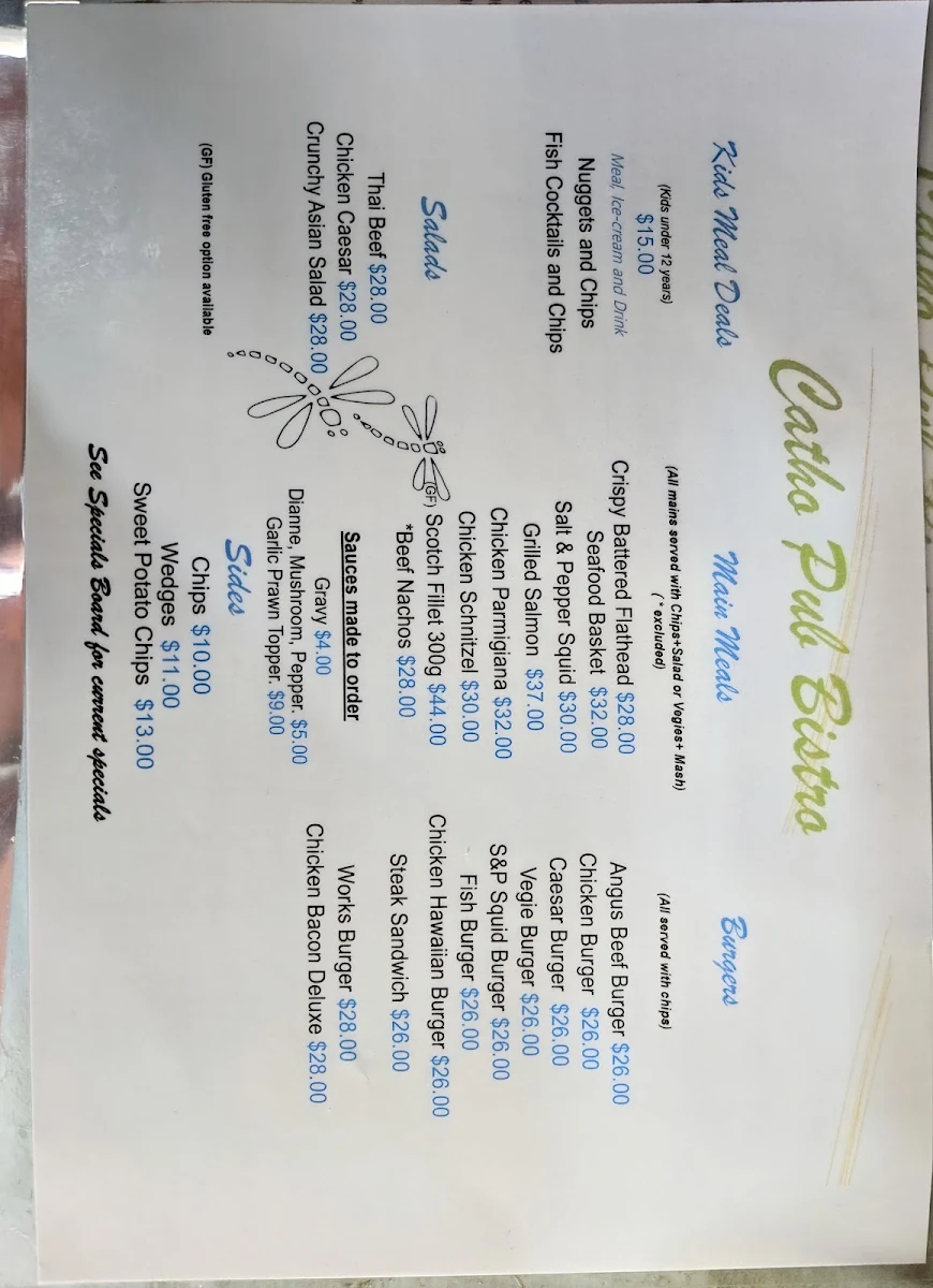 Menu, Catho Pub ("Catherine Hill Bay Hotel")