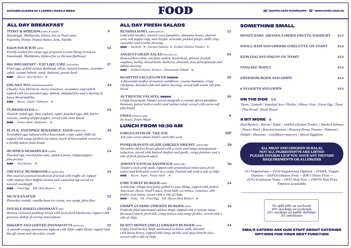 Menu, Emil's Cafe