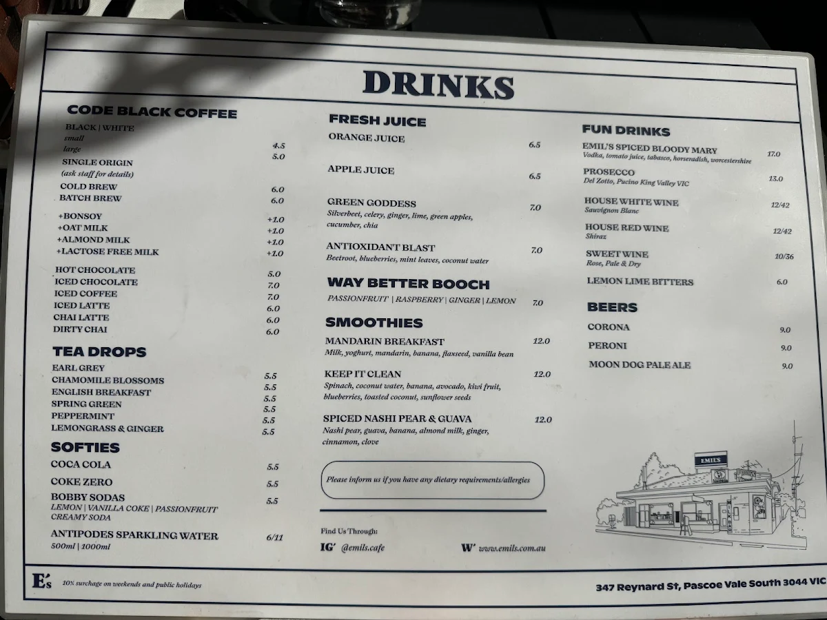 Menu, Emil's Cafe