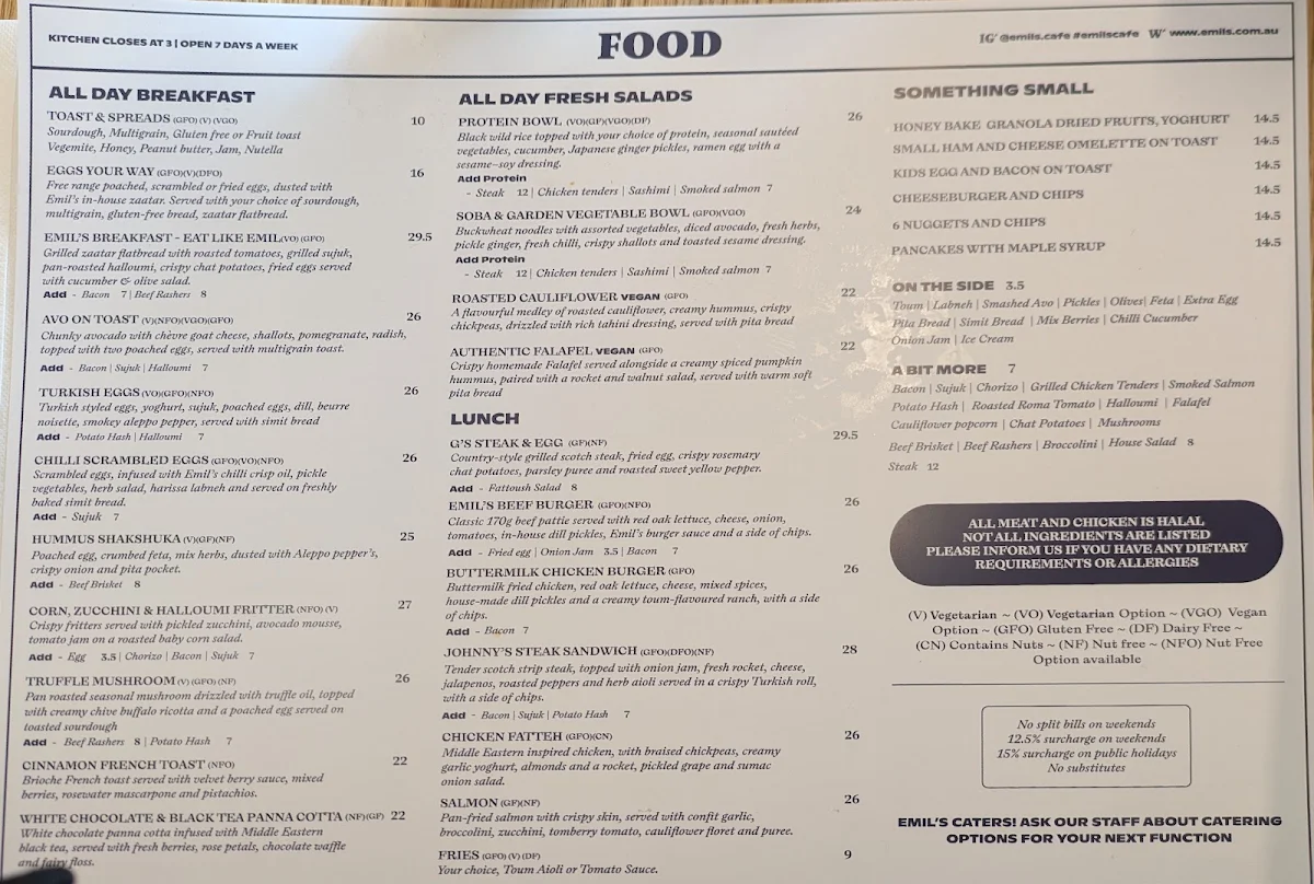 Menu, Emil's Cafe