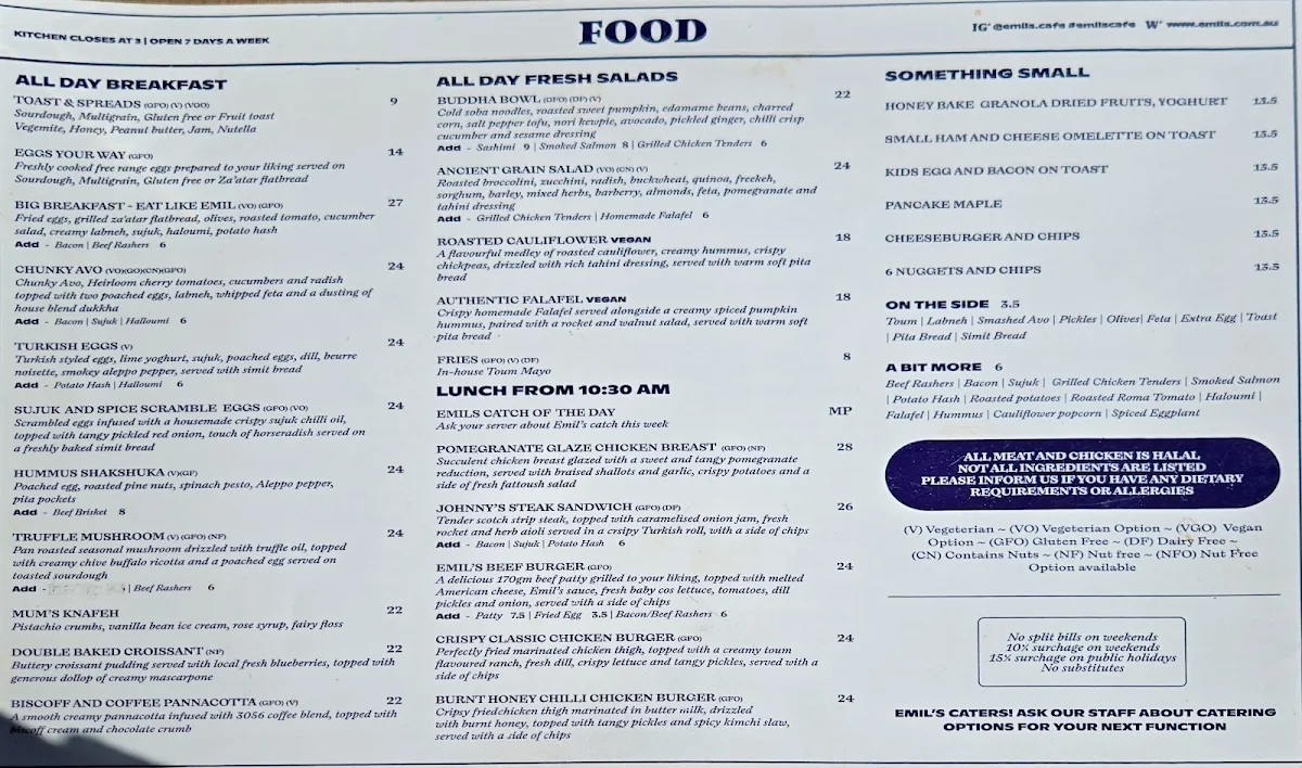 Menu, Emil's Cafe
