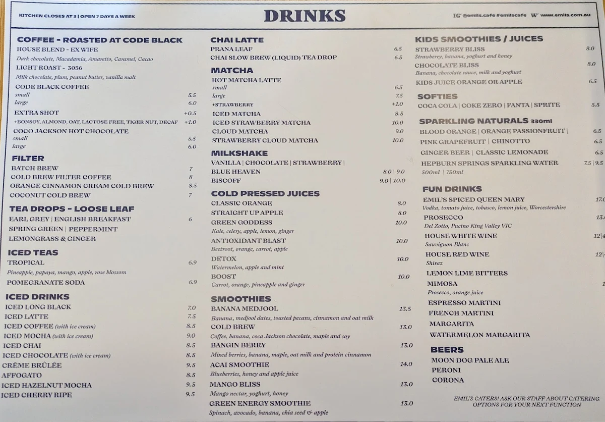 Menu, Emil's Cafe