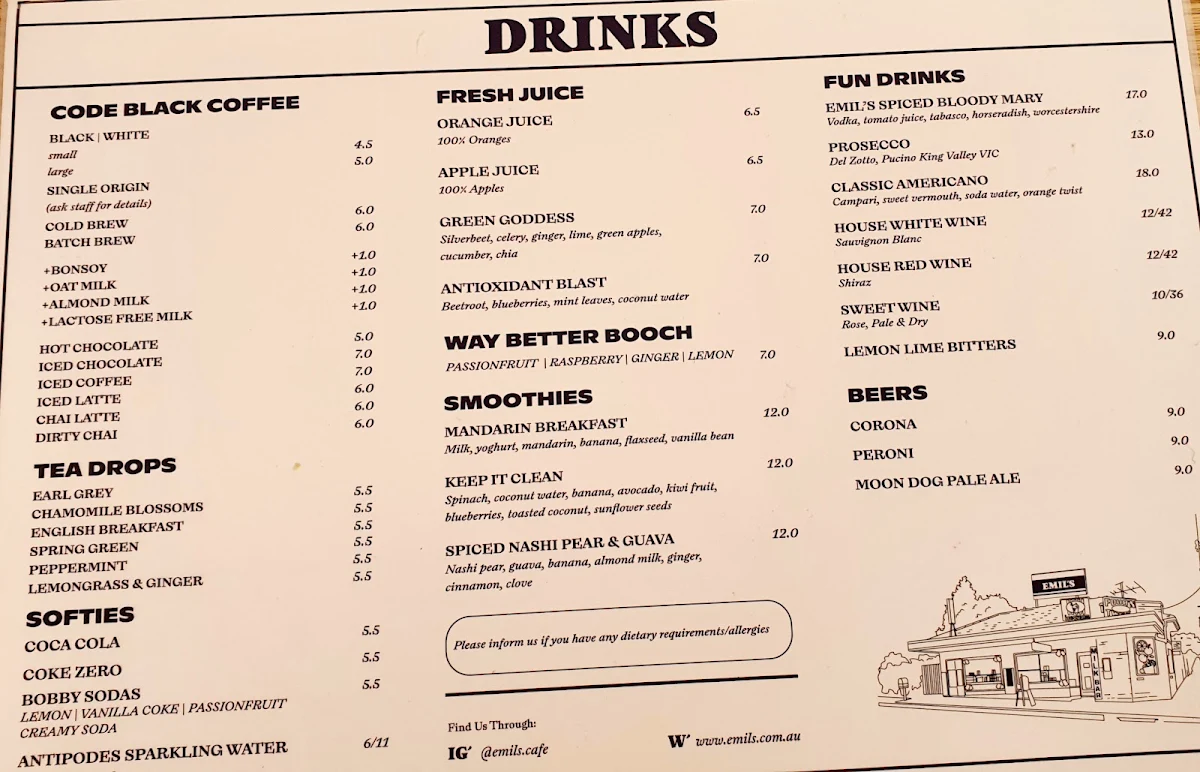 Menu, Emil's Cafe