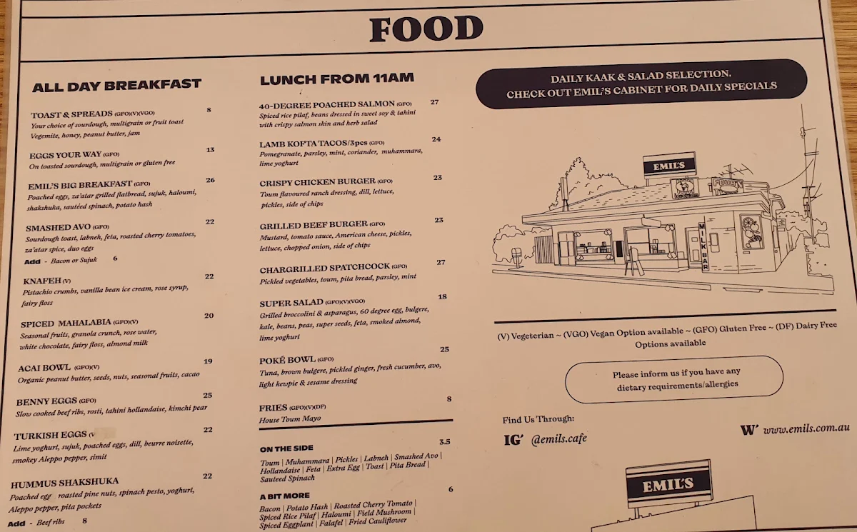 Menu, Emil's Cafe