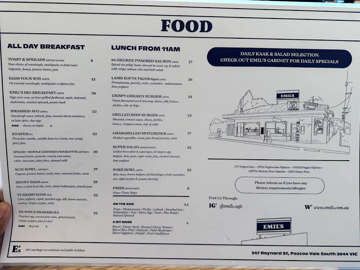 Menu, Emil's Cafe