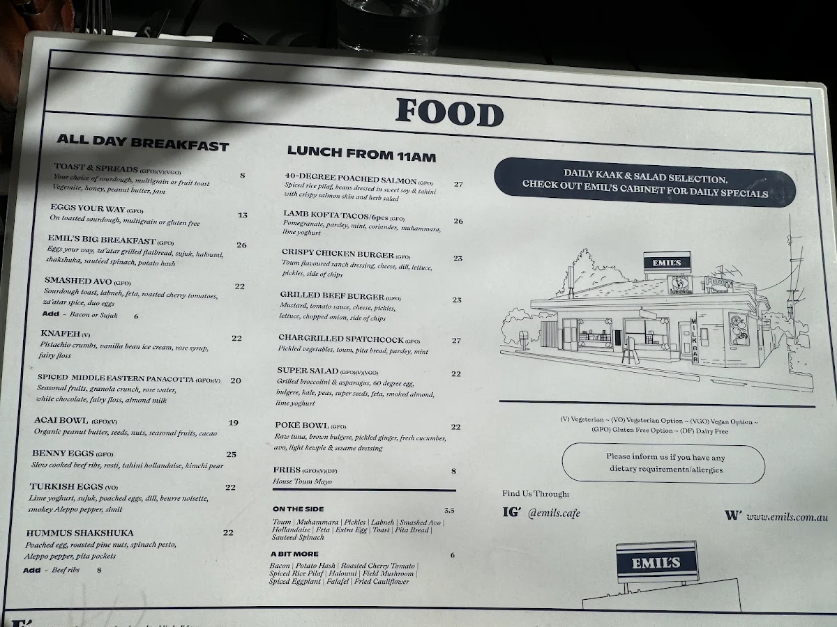 Menu, Emil's Cafe
