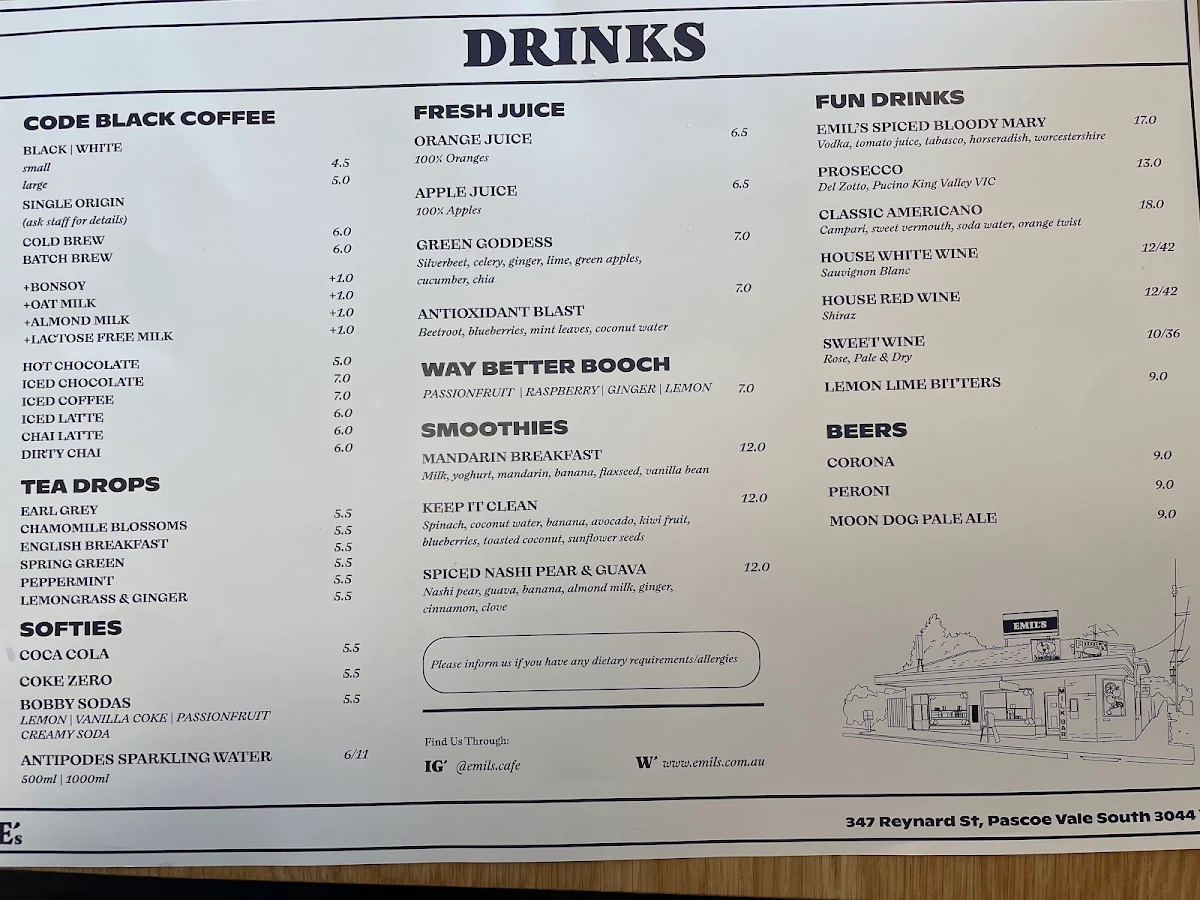 Menu, Emil's Cafe