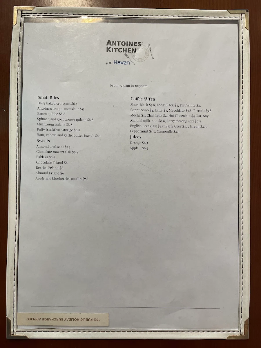 Menu, Cafe The Bethel