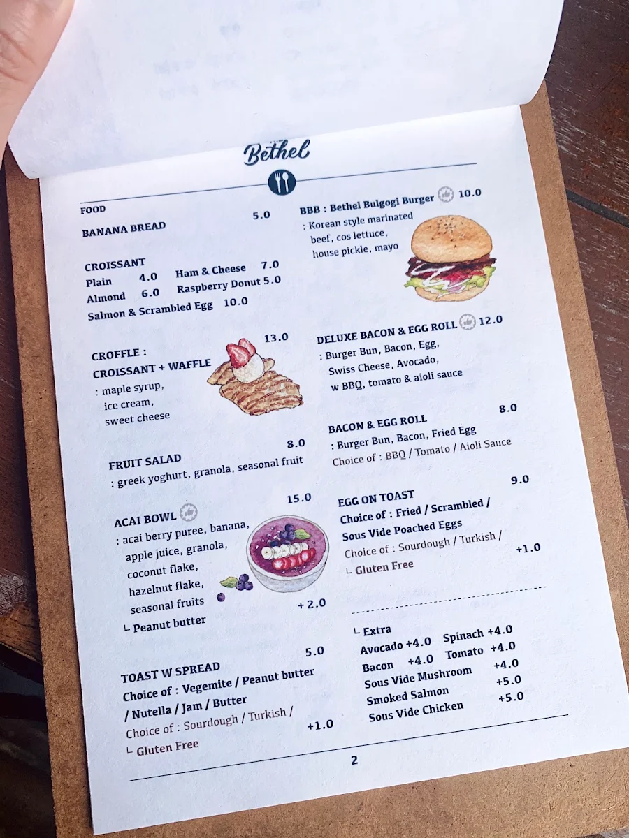 Menu, Cafe The Bethel