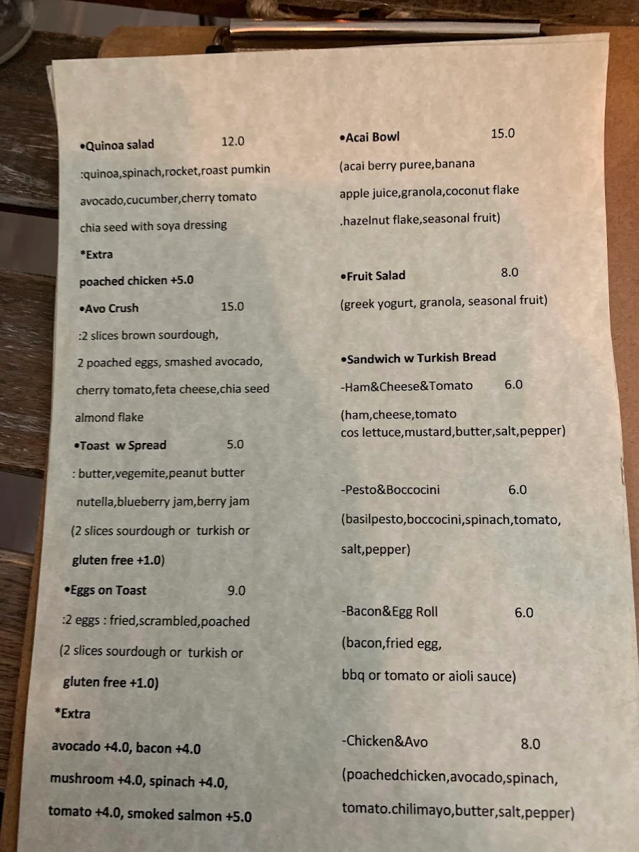Menu, Cafe The Bethel