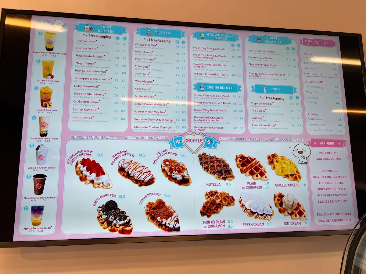 Menu, So Dear Moonah | Bubble Tea & Croffle