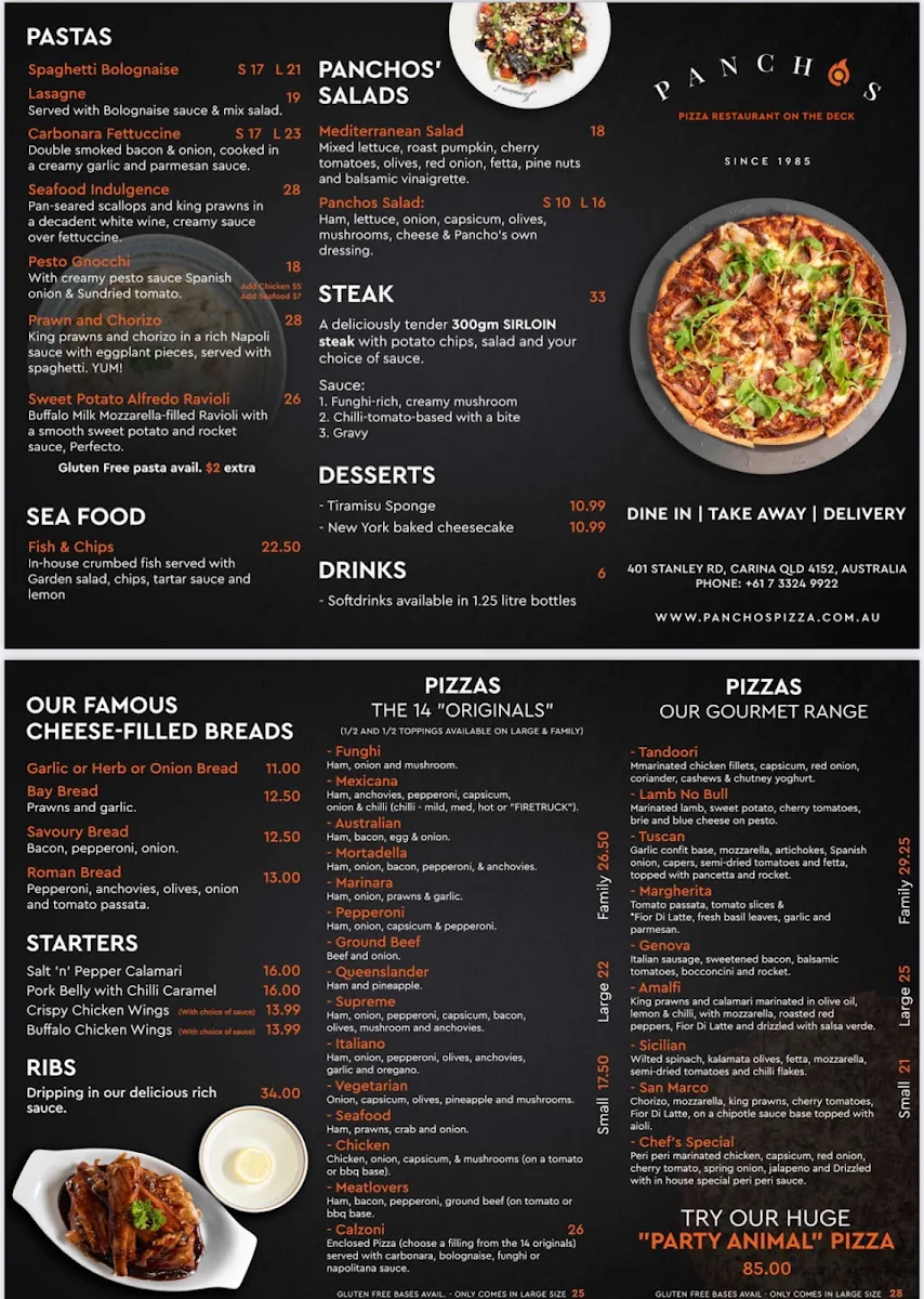 Menu, Panchos Pizza