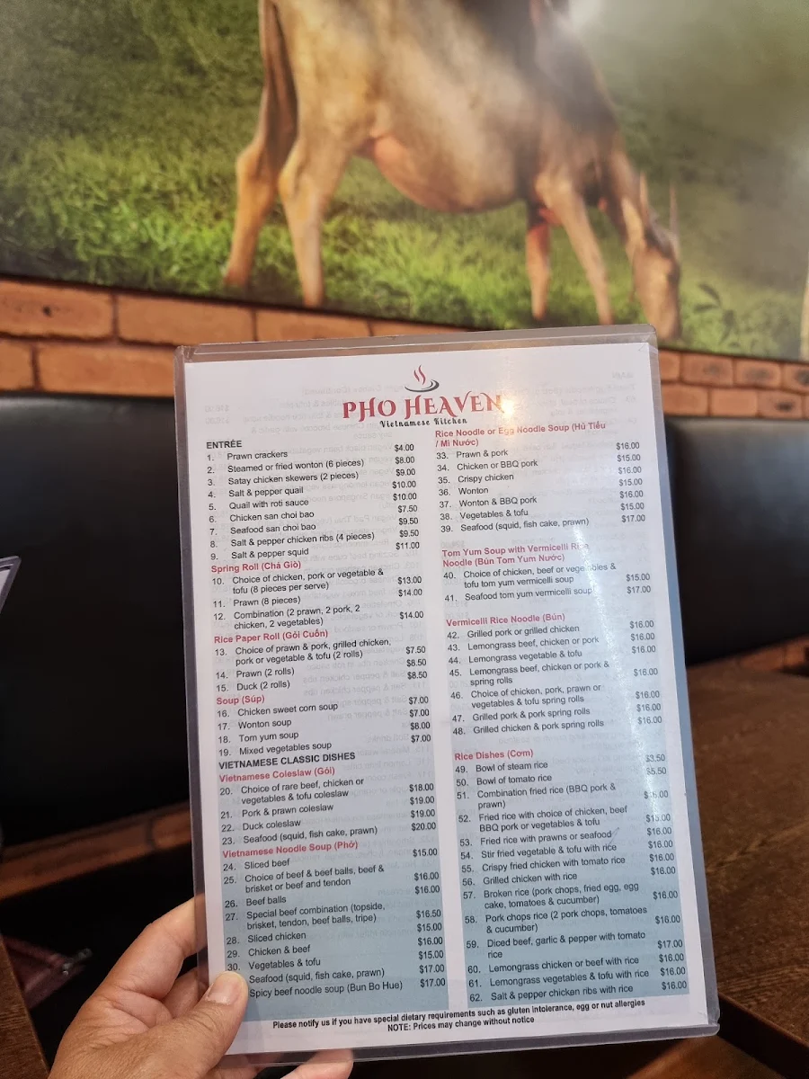 Menu, Pho Heaven