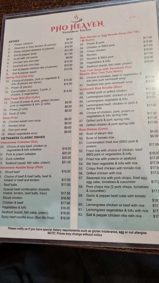 Menu, Pho Heaven