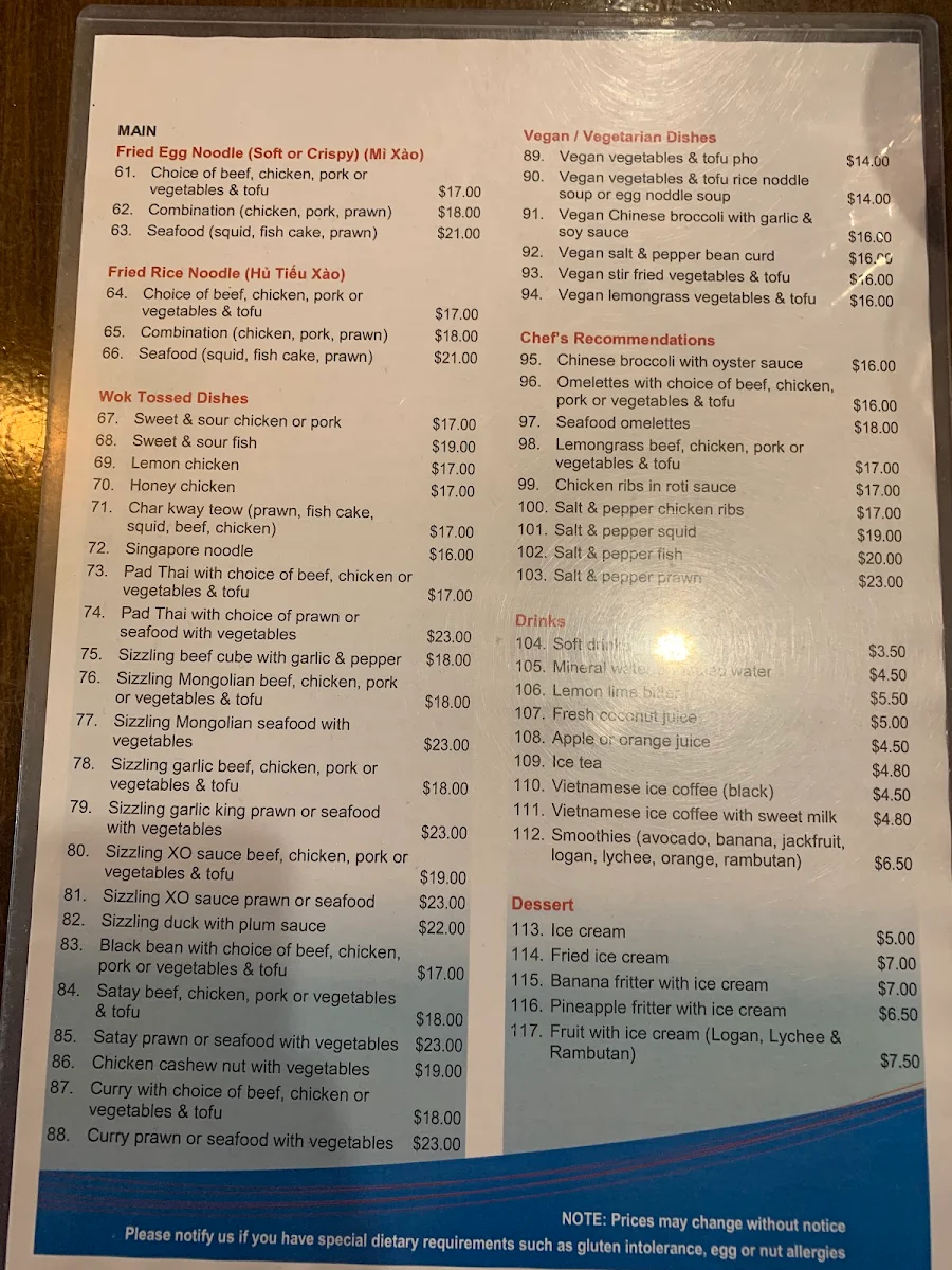 Menu, Pho Heaven