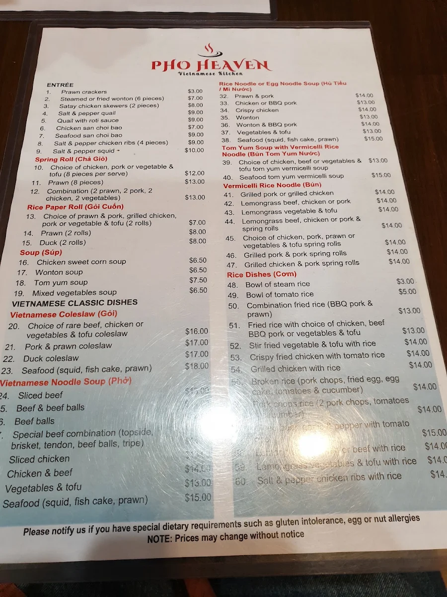 Menu, Pho Heaven