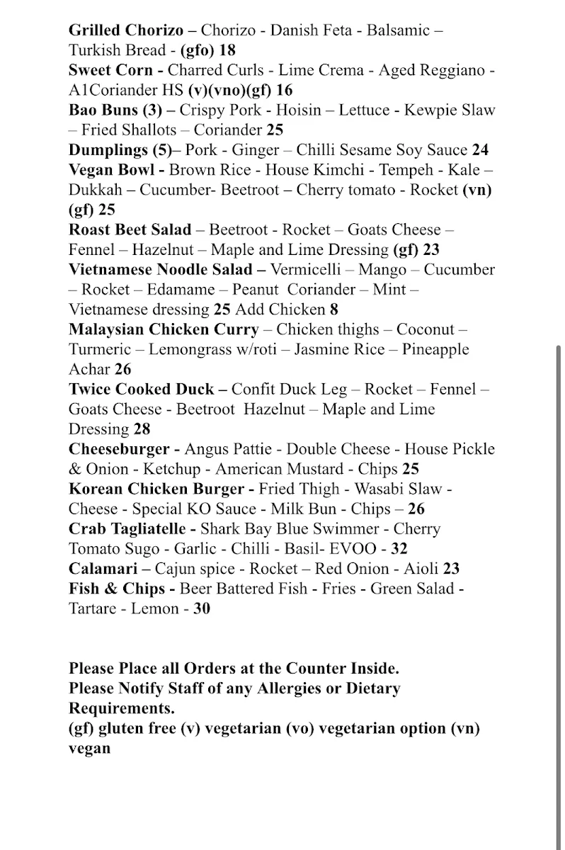 Menu, Sistas Mindarie
