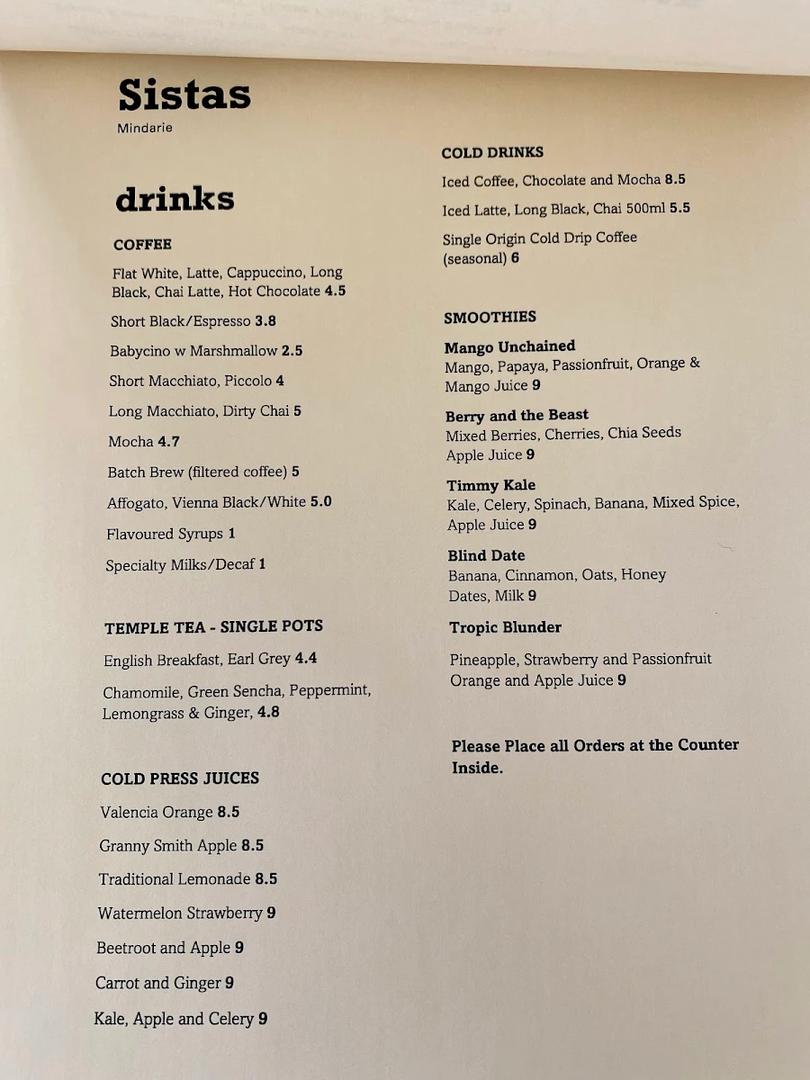Menu, Sistas Mindarie