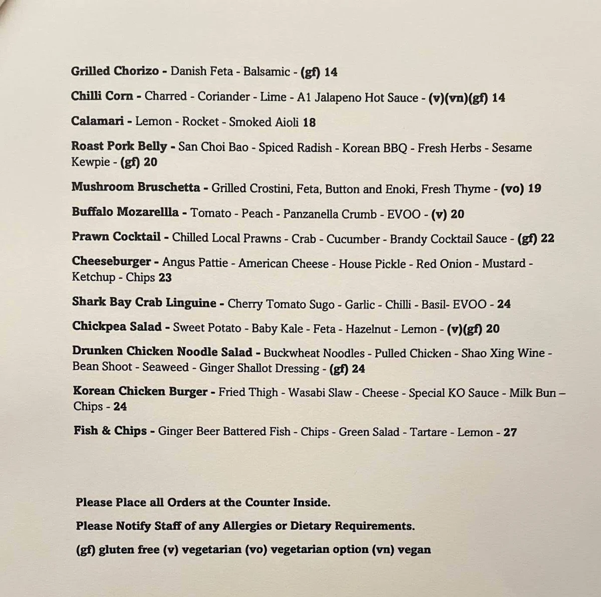 Menu, Sistas Mindarie