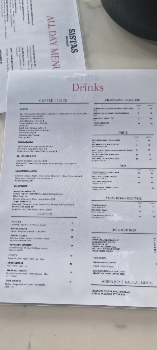 Menu, Sistas Mindarie