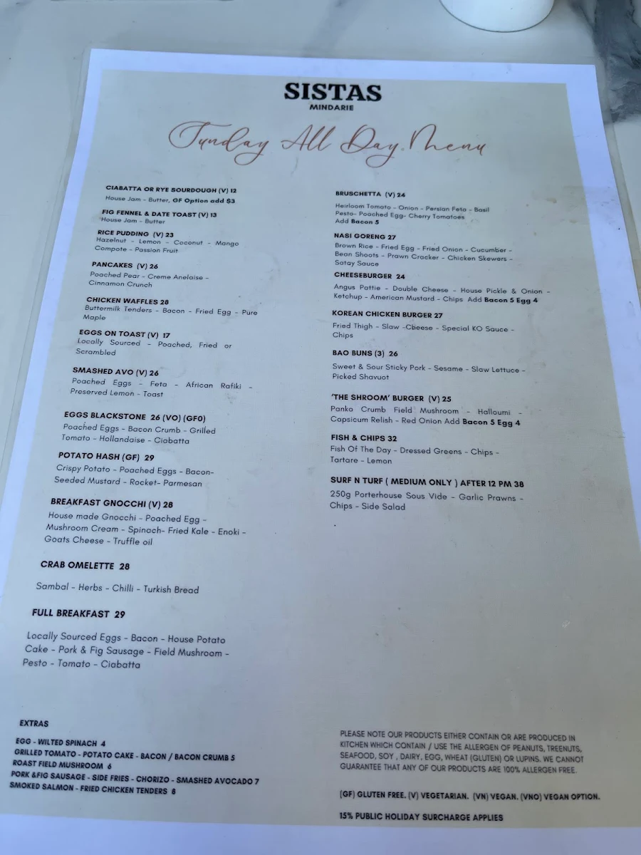 Menu, Sistas Mindarie