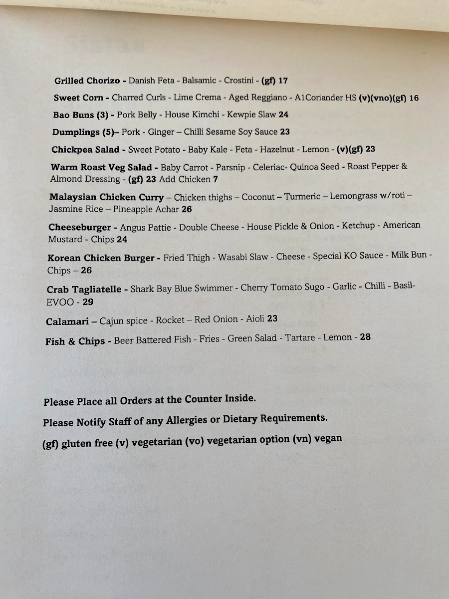 Menu, Sistas Mindarie