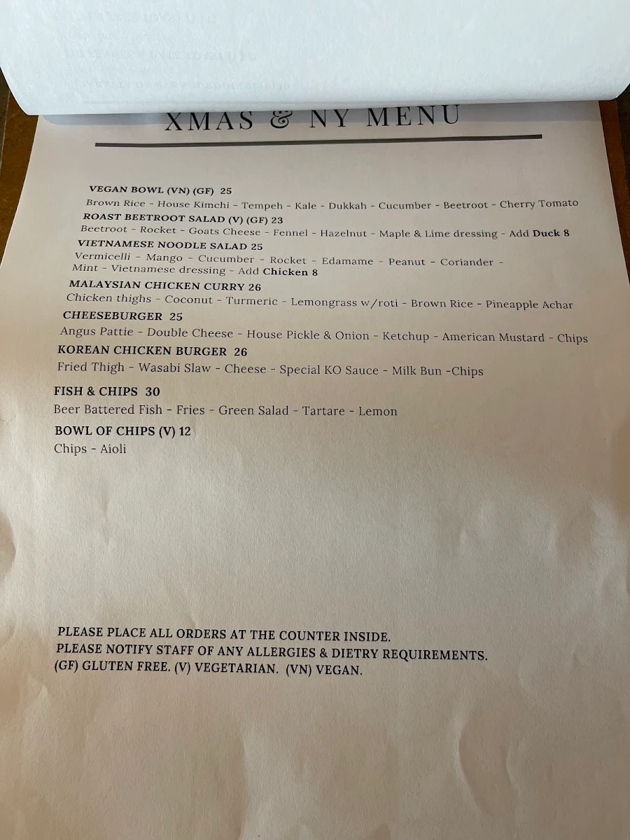 Menu, Sistas Mindarie