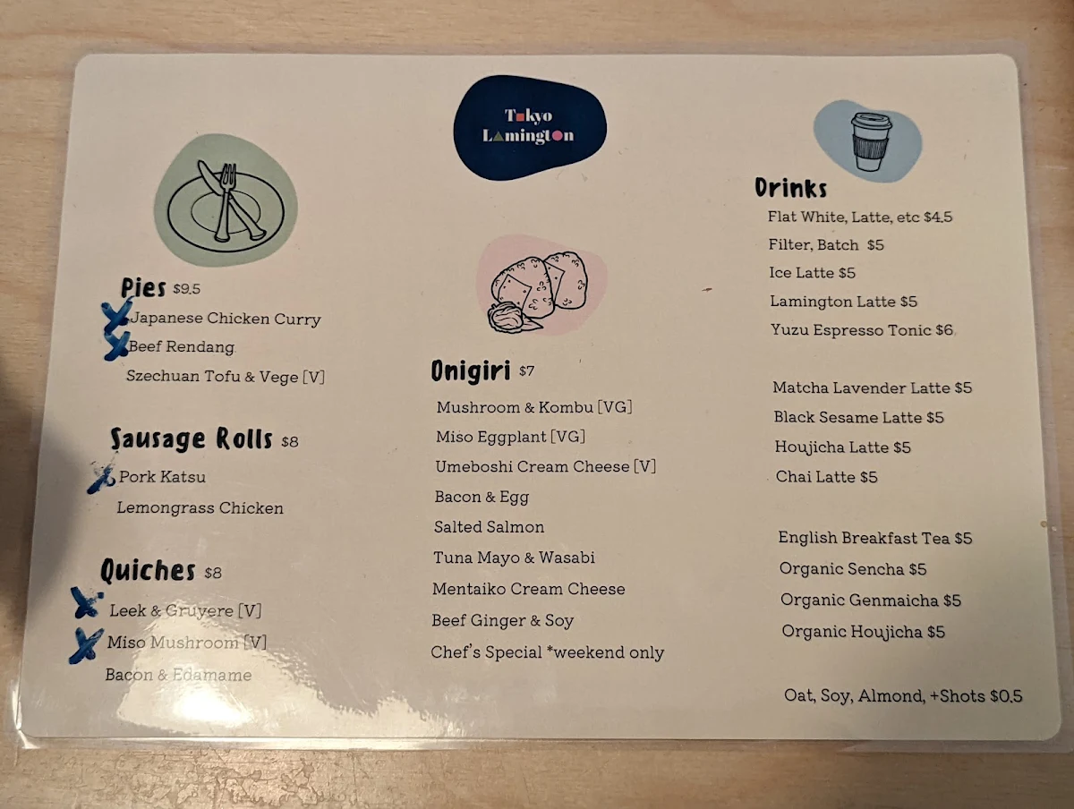 Menu, Tokyo Lamington Newtown