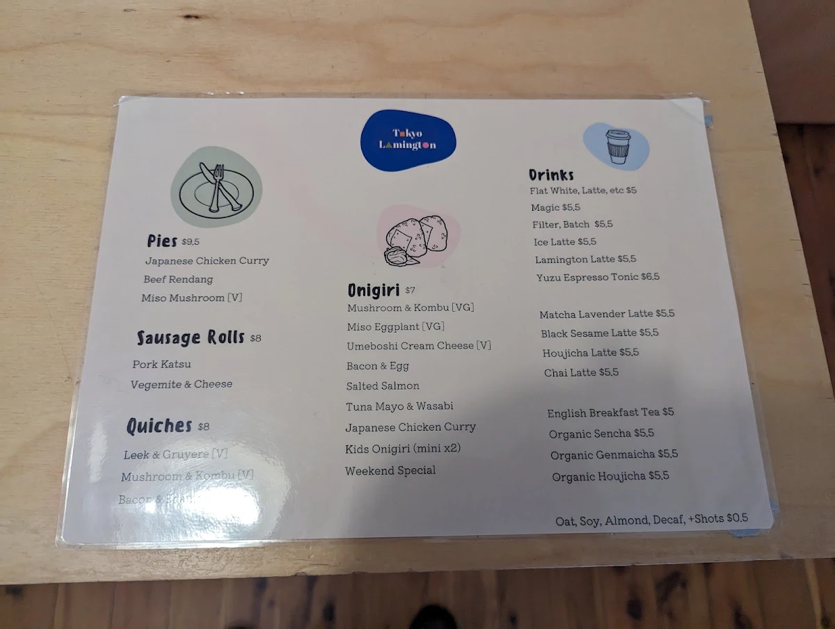 Menu, Tokyo Lamington Newtown
