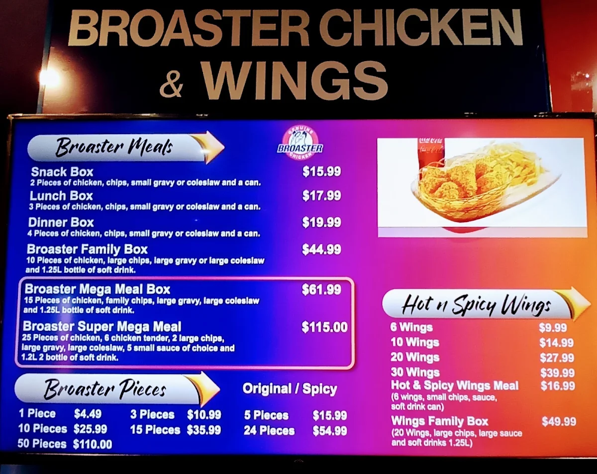 Menu, Broaster Chicken Glenfield